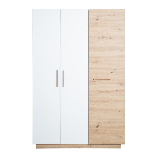 Wardrobe 'Lion' 3-Door - White / Wood Decor 'Artisan Oak' - Handles Made of Solid Oak