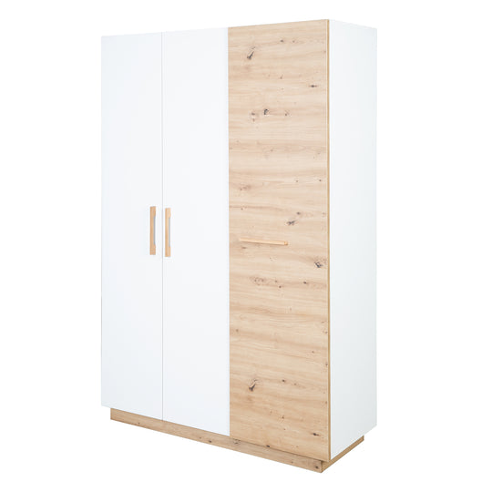Wardrobe 'Lion' 3-Door - White / Wood Decor 'Artisan Oak' - Handles Made of Solid Oak