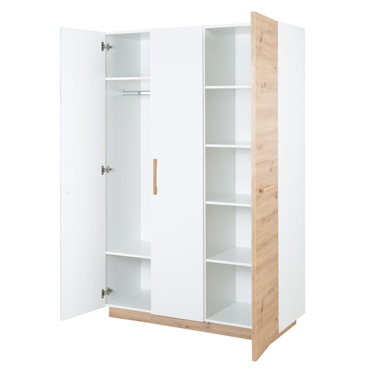Wardrobe 'Lion' 3-Door - White / Wood Decor 'Artisan Oak' - Handles Made of Solid Oak
