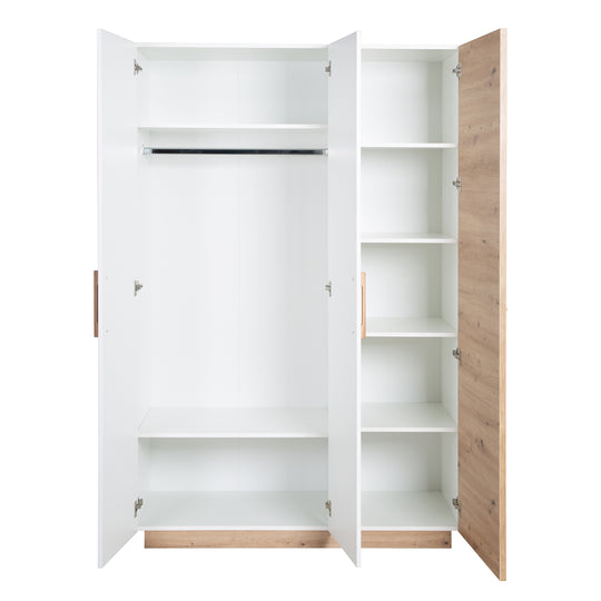 Wardrobe 'Lion' 3-Door - White / Wood Decor 'Artisan Oak' - Handles Made of Solid Oak