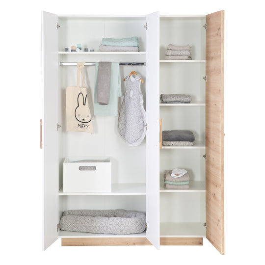 Wardrobe 'Lion' 3-Door - White / Wood Decor 'Artisan Oak' - Handles Made of Solid Oak