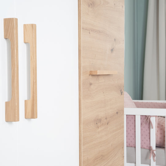 Wardrobe 'Lion' 3-Door - White / Wood Decor 'Artisan Oak' - Handles Made of Solid Oak