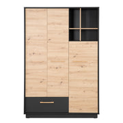 Wardrobe 'Lenn' 3-door - Anthracite - Wood decor 'Artisan oak' - Solid wood handles
