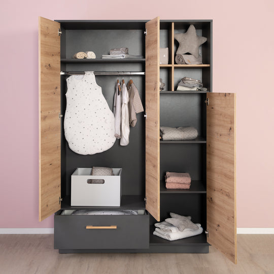 Kleiderschrank 'Lenn' 3-türig - Anthrazit - Holzdekor 'Artisan Eiche' - Massivholzgriffe