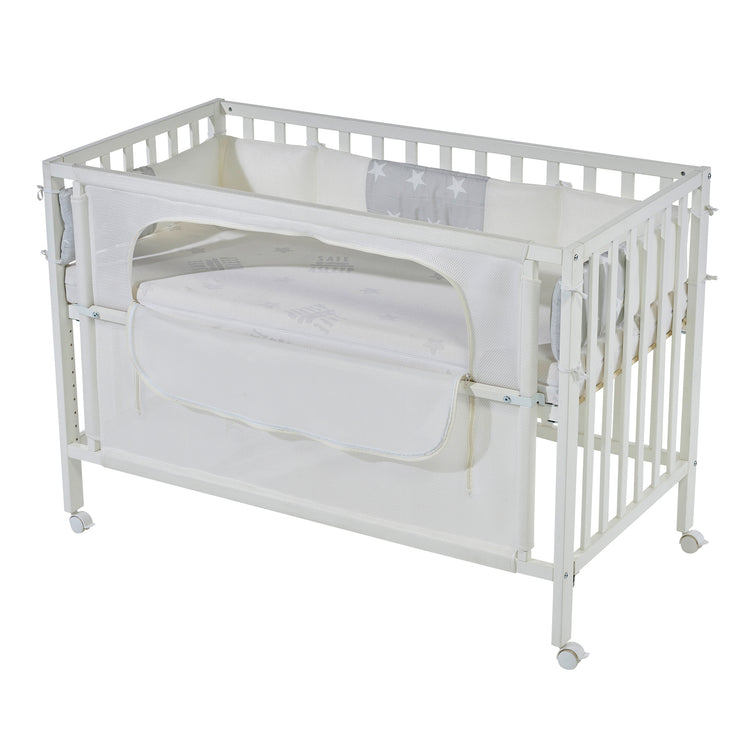 Cuna de colecho 'safe asleep®', 60 x 120 cm, 'Stars grey', cama adicional con accesorios, laca blanca
