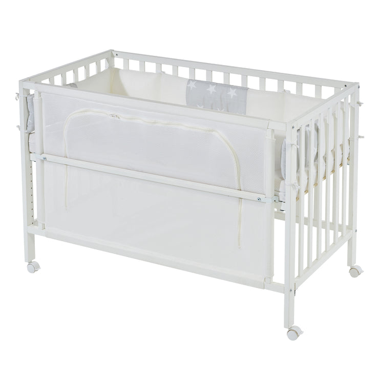 Cuna de colecho 'safe asleep®', 60 x 120 cm, 'Stars grey', cama adicional con accesorios, laca blanca