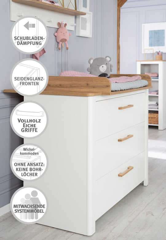 Kinderzimmerset 'Ava' 3-teilig, inkl. Kinderbett 70x140 cm, Wickelkommode & Schrank 3-türig