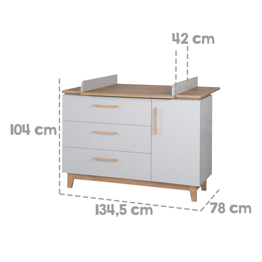 Cómoda 'Caro' con cambiador, cierre suave, 1 puerta, 3 cajones, altura 94 cm