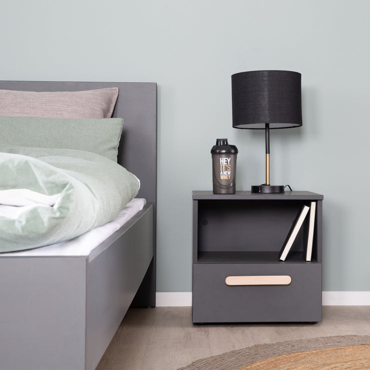 Bedside table 'Jara' - 1 Drawer, 1 Open compartment - Charcoal - Solid wood handle