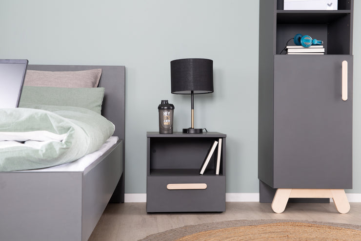 Bedside table 'Jara' - 1 Drawer, 1 Open compartment - Charcoal - Solid wood handle