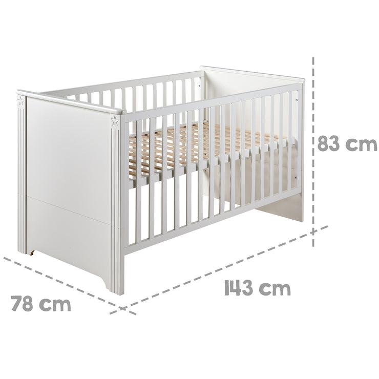 Lit bébé évolutif "Maxi", 70 x 140 cm, blanc, réglable en hauteur, 3 barreaux coulissants