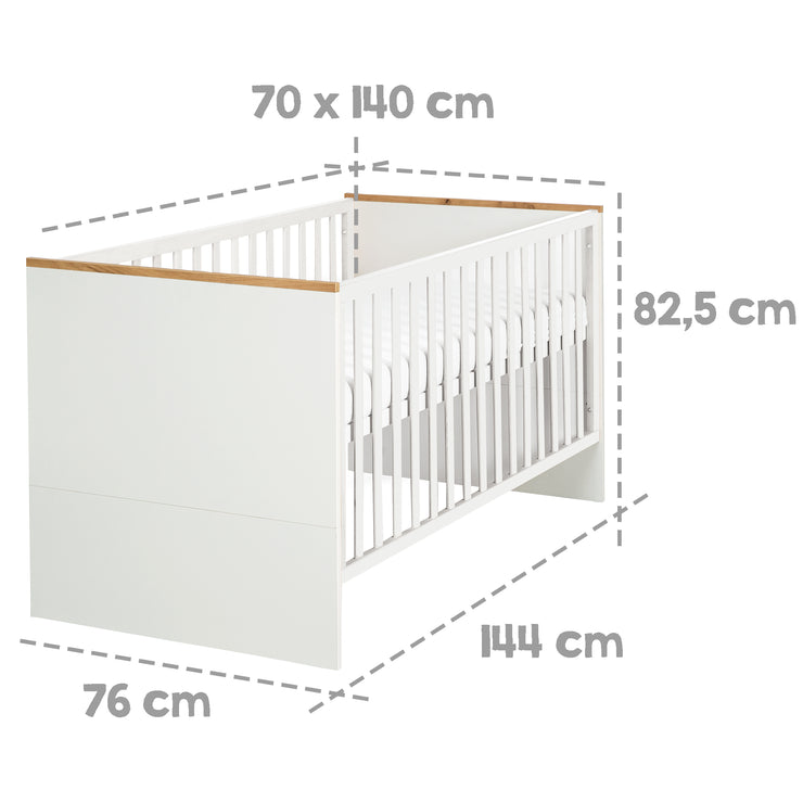 Lit bébé évolutif "Finn", 70 x 140 cm, blanc/natur, réglable en hauteur, 3 barreaux de glissement amovibles