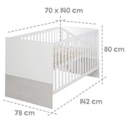 Lit bébé évolutif "Julia" 70 x 140 cm, blanc, réglable en hauteur, 3 barreaux de glissement amovibles