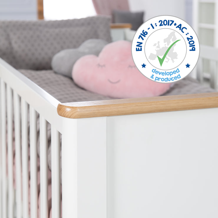 Wooden Convertible Cot 'Ava' 70x140 cm - Height Adjustable - 3 Removable Bars (White/Artisan Oak)