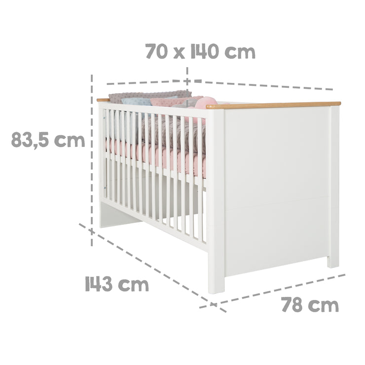 Wooden Convertible Cot 'Ava' 70x140 cm - Height Adjustable - 3 Removable Bars (White/Artisan Oak)