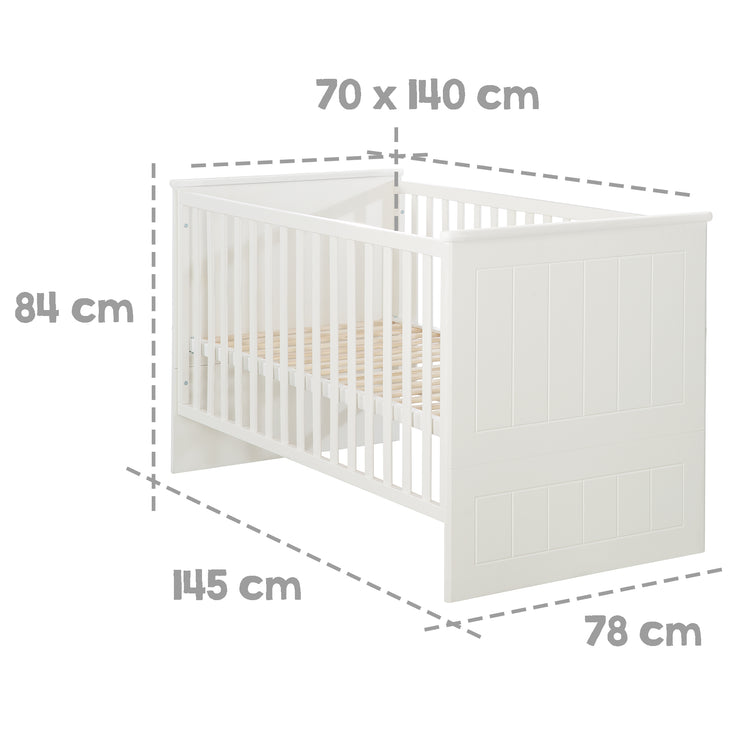 Lit bébé évolutif "Sylt", 70x140 cm, blanc, réglable en hauteur, 3 barreaux coulissants, convertible