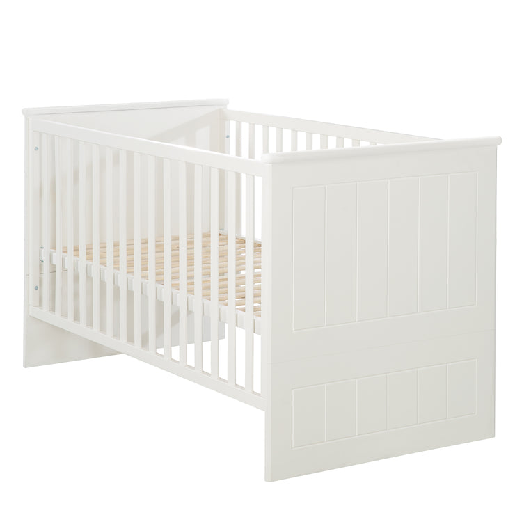 Lit bébé évolutif "Sylt", 70x140 cm, blanc, réglable en hauteur, 3 barreaux coulissants, convertible