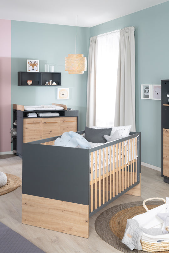 Lettino combinato 'Lenn' 70x140, regolabile in altezza, in antracite e decoro 'Artisan oak'.
