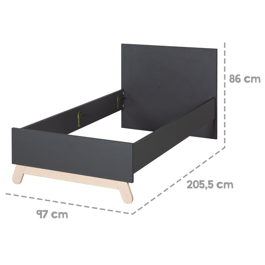Cama juvenil 'Jara' 90 x 200 cm - Decoración antracita - Patas de haya maciza