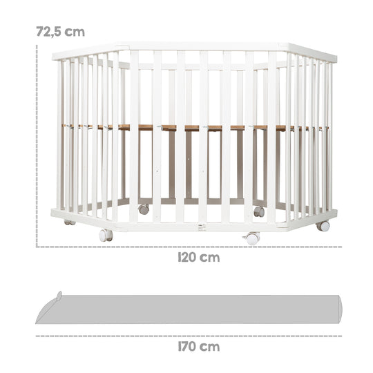 Parque 'roba Style', de 6 lados, incluye protección gris y ruedas, madera blanca