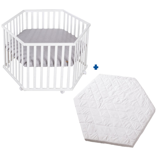 Parque 'roba Style', de 6 lados, incluye protección gris y ruedas, madera blanca