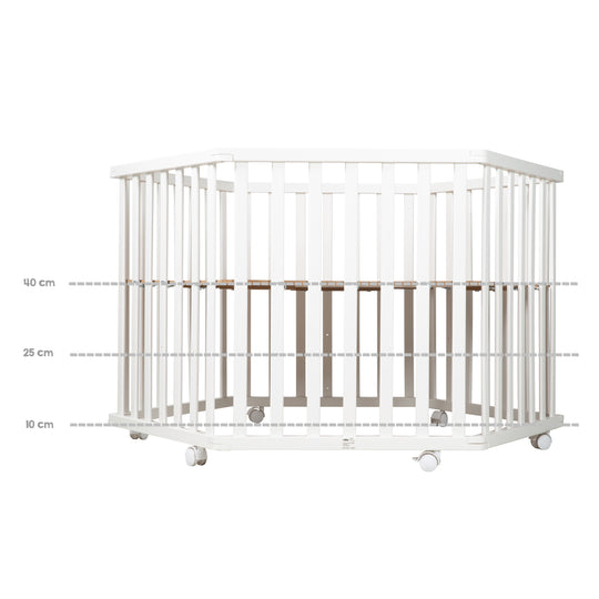 Parque 'roba Style', de 6 lados, incluye protección gris y ruedas, madera blanca