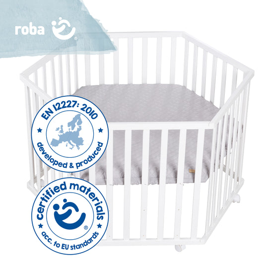 Parque 'roba Style', de 6 lados, incluye protección gris y ruedas, madera blanca