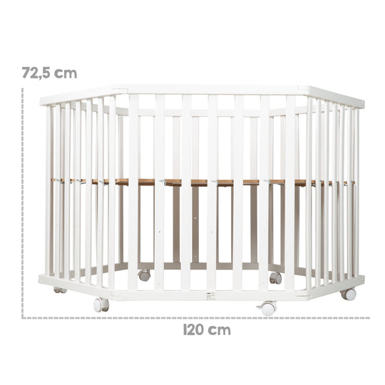 Playpen 'Fox & Bunny', 6-Sided, Safe Playpen including Protection Padding & Wheels, White Wood