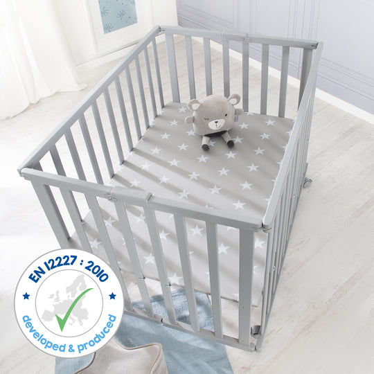 Parque infantil plegable, taupe, 75 x 100 cm, compacto, con ruedas