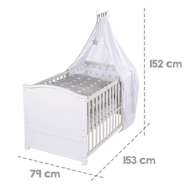 Set letto completo "Little Stars", 70 x 140 cm, trasformabile, inclusa biancheria da letto, baldacchino, riduttore e materasso