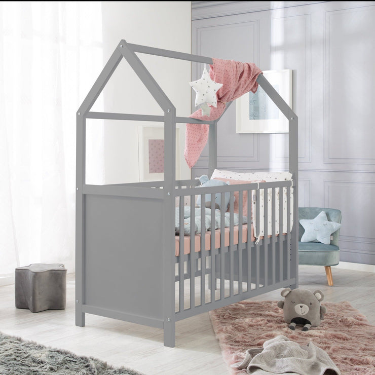 Cama casita 60 x 120 cm, certificado FSC, cama para bebé y supletoria, gris, ajustable en 6 direcciones, convertible