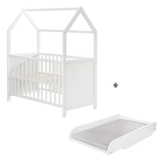 Lit cabane 2 en 1 - 60 x 120 cm - Lit bébé et cododo - Réglable en hauteur - Certifié FSC - Blanc