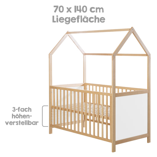 Cama casita 70 x 140 cm, certificado FSC, cama infantil convertible, bicolor, ajustable en 3 posiciones, convertible