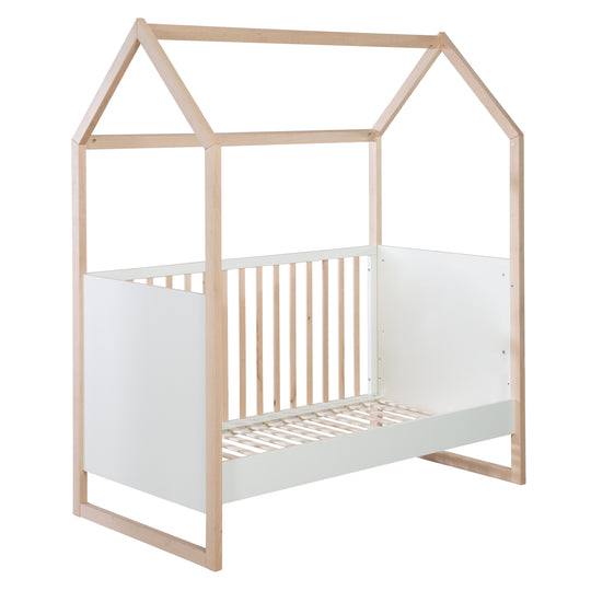 Lit cabane 70x140 cm - Réglable en hauteur - Transformable - Hêtre naturel - Bois blanc