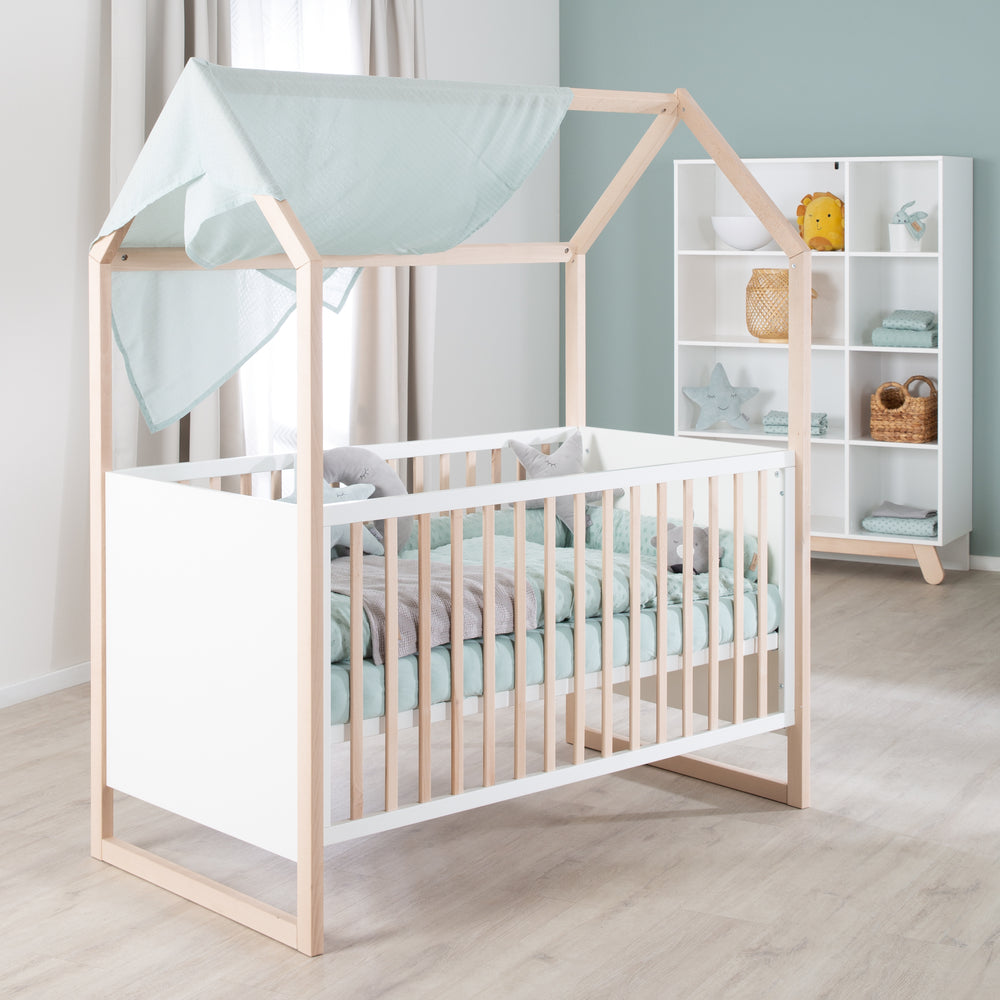 Cama casa 70x140 cm - Ajustable en altura - Convertible - Haya natural - Madera blanca