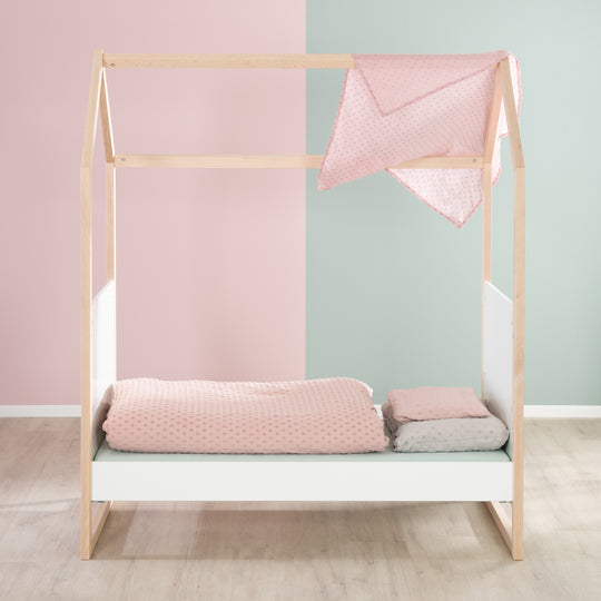 Lit cabane 70x140 cm - Réglable en hauteur - Transformable - Hêtre naturel - Bois blanc