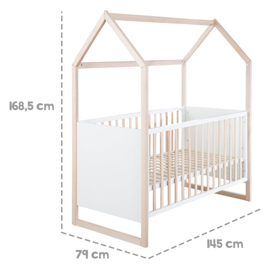 Lit cabane 70x140 cm - Réglable en hauteur - Transformable - Hêtre naturel - Bois blanc