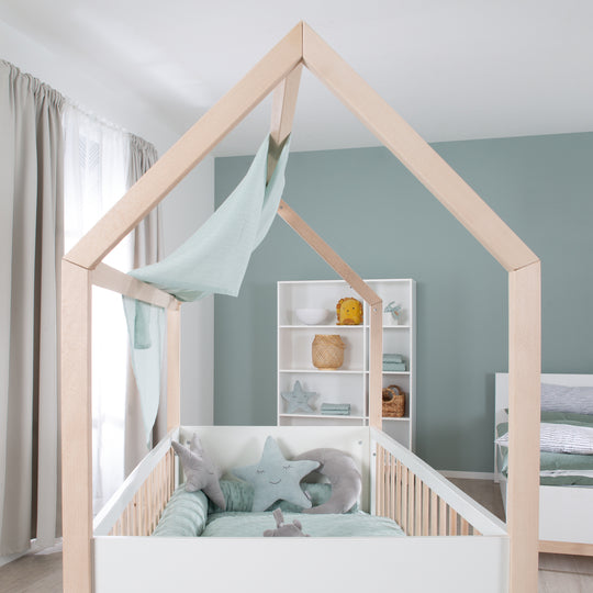 Lit cabane 70x140 cm - Réglable en hauteur - Transformable - Hêtre naturel - Bois blanc