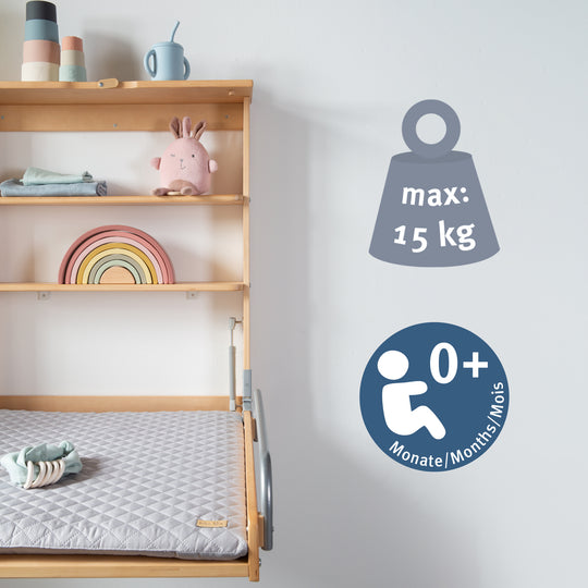 Estante de pared para cambiar pañales natural + Almohadilla para cambiar pañales 'roba Style gris' - Plegable y ahorrador de espacio