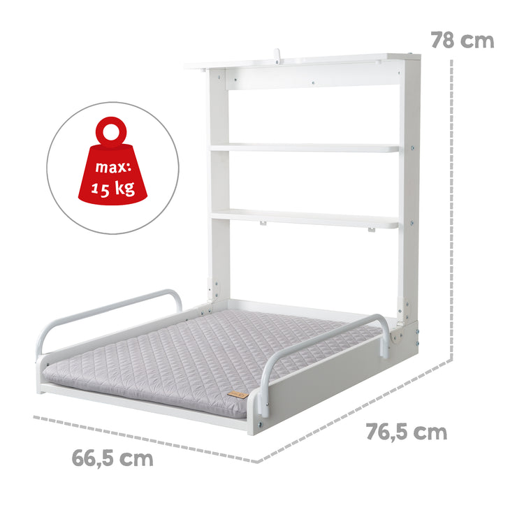 Wall changing shelf, white, with changing mat 'roba Style', gray, foldable, space-saving, 2 compartments