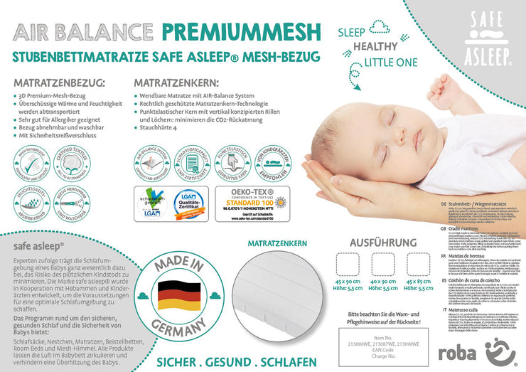 Cradle mattress 'safe asleep®', AIR BALANCE PREMIUMMESH, 40 x 90 x 5.5 cm, for an optimal sleeping climate