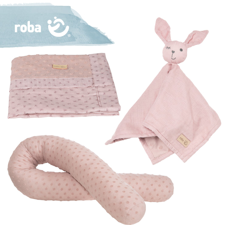 Organic gift set 'Lil Planet' pink / mauve, organic bed snake, blanket & cuddle cloth