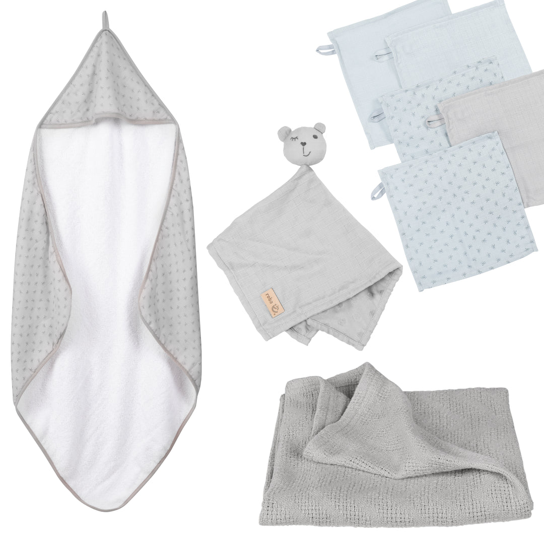 Set cadeau bio 'Lil Planet' - Serviette + Gant de toilette + Doudou + Couverture - Gris argenté