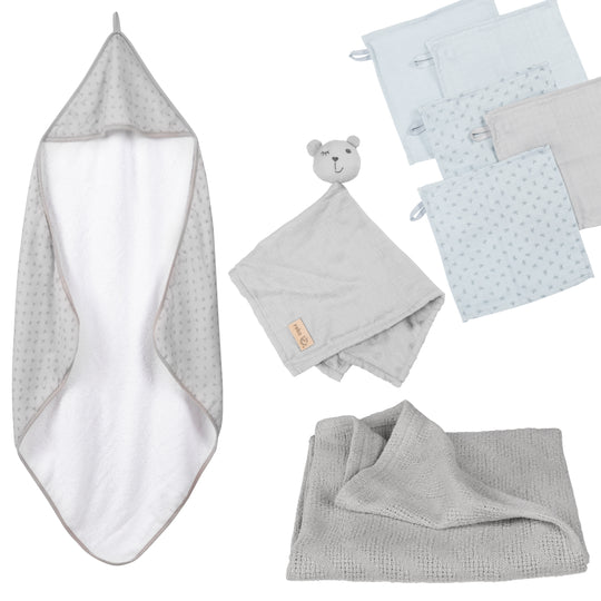 Set cadeau bio 'Lil Planet' - Serviette + Gant de toilette + Doudou + Couverture - Gris argenté