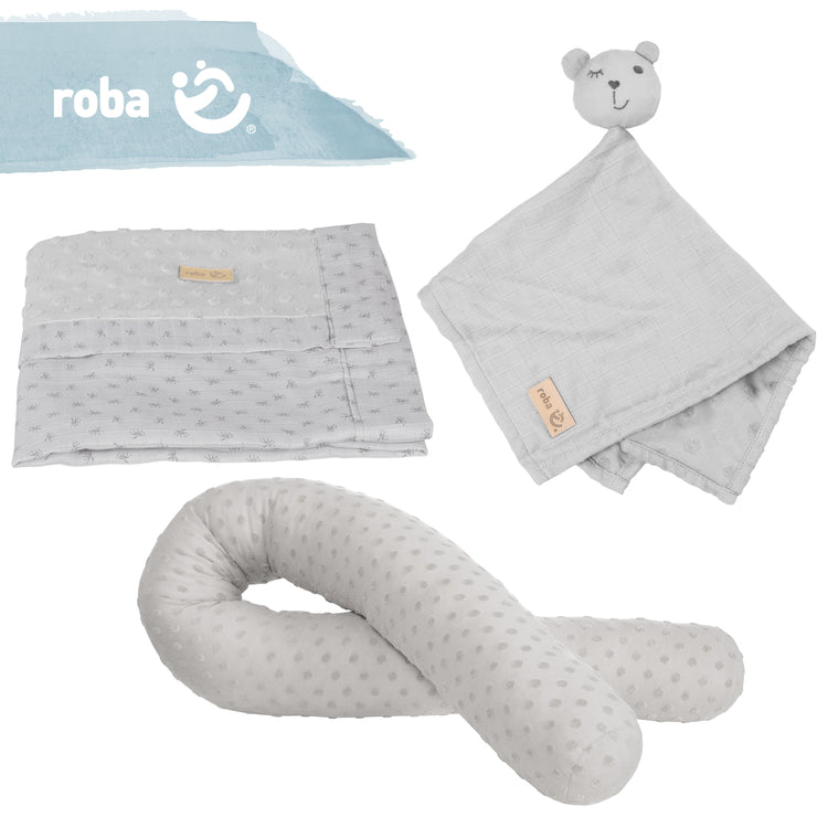 Set de regalo orgánico 'Lil Planet' gris plateado, serpiente de cama orgánica, manta de bebé y paño de mimos