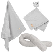 Set de regalo orgánico 'Lil Planet' gris plateado, serpiente de cama orgánica, manta de bebé y paño de mimos