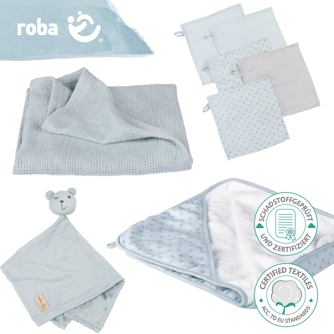 Set cadeau bio 'Lil Planet' - Serviette + Gant de toilette + Doudou + Couverture - Bleu ciel