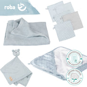 Organic gift set 'Lil Planet' light blue / sky, towel, washcloth, comforter & blanket, GOTS