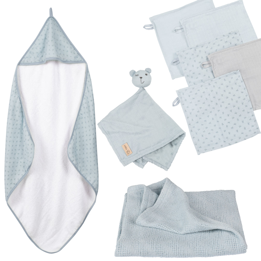 Set cadeau bio 'Lil Planet' - Serviette + Gant de toilette + Doudou + Couverture - Bleu ciel