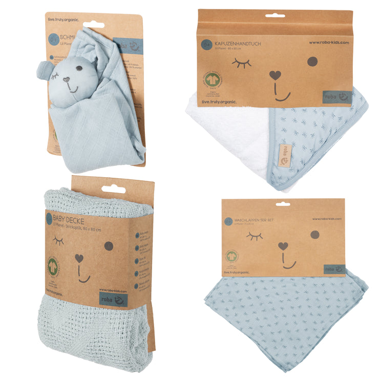 Organic gift set 'Lil Planet' light blue / sky, towel, washcloth, comforter & blanket, GOTS